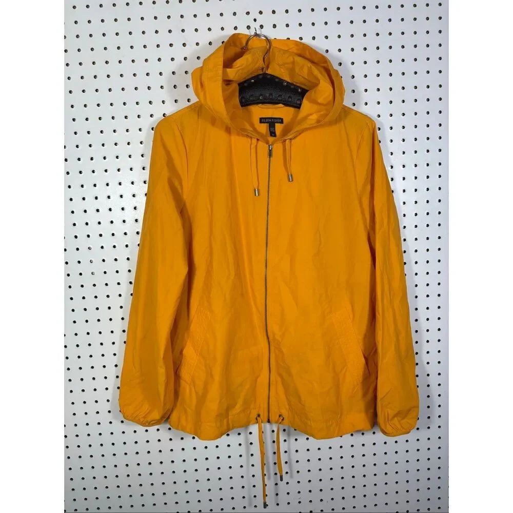 Eileen Fisher Women`s Deep Mango Yellow Hooded Zip-Up Jacket Windbreaker Size S